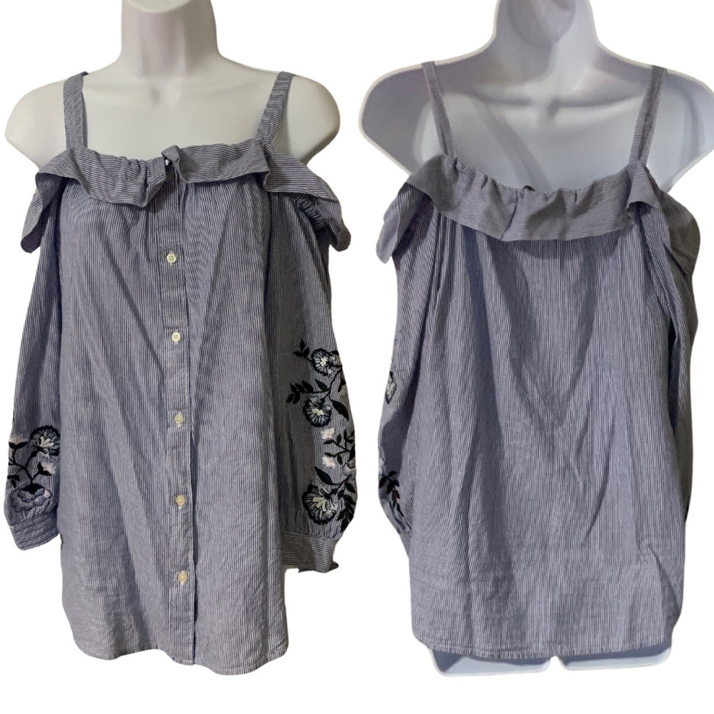 LOFT Ann Taylor Sz Sm off Shoulder Button Down Ruffled collar long sleeve shirt